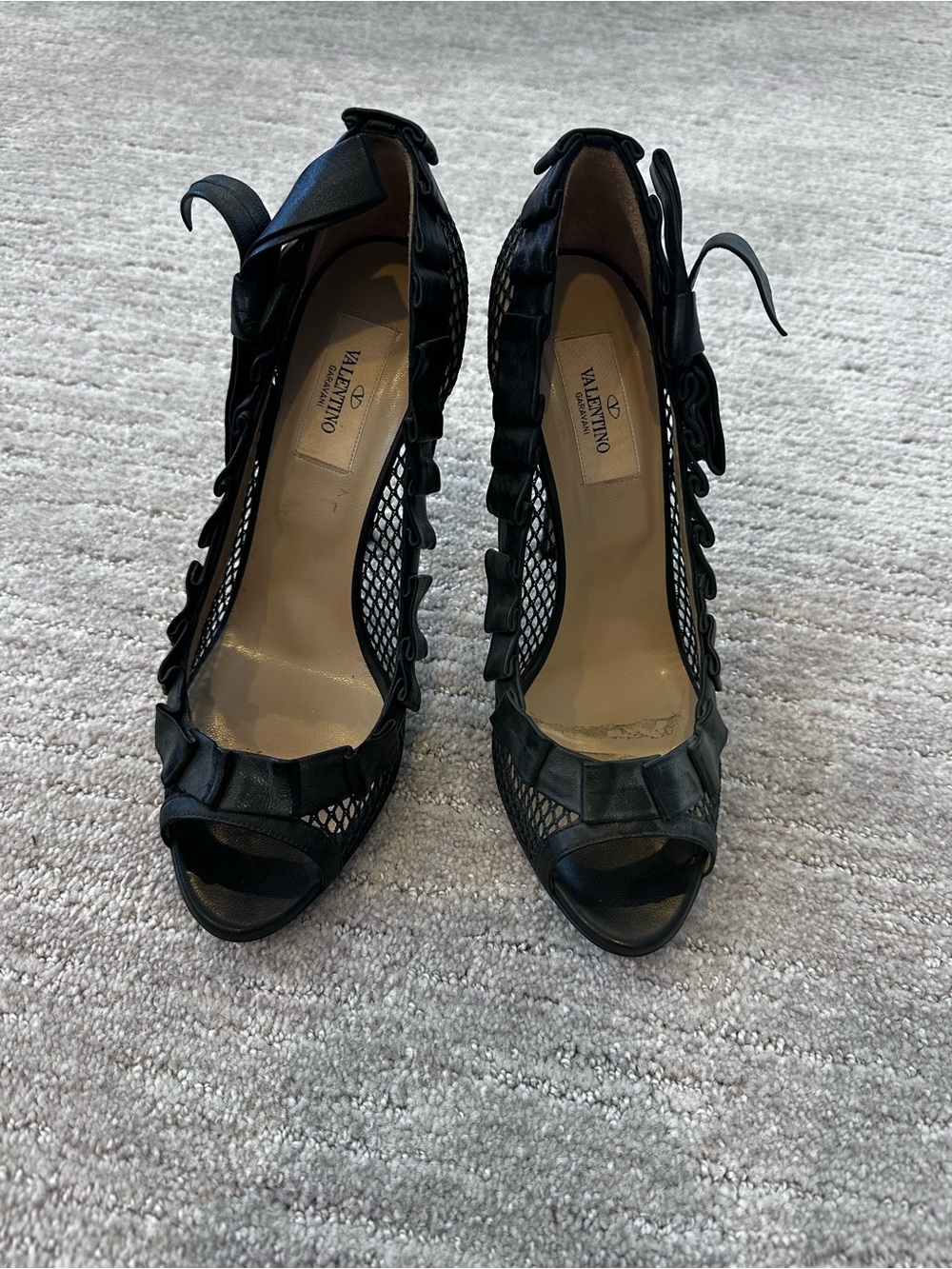 Valentino Black Mesh & Leather Ruffle Peep-Toe Pumps